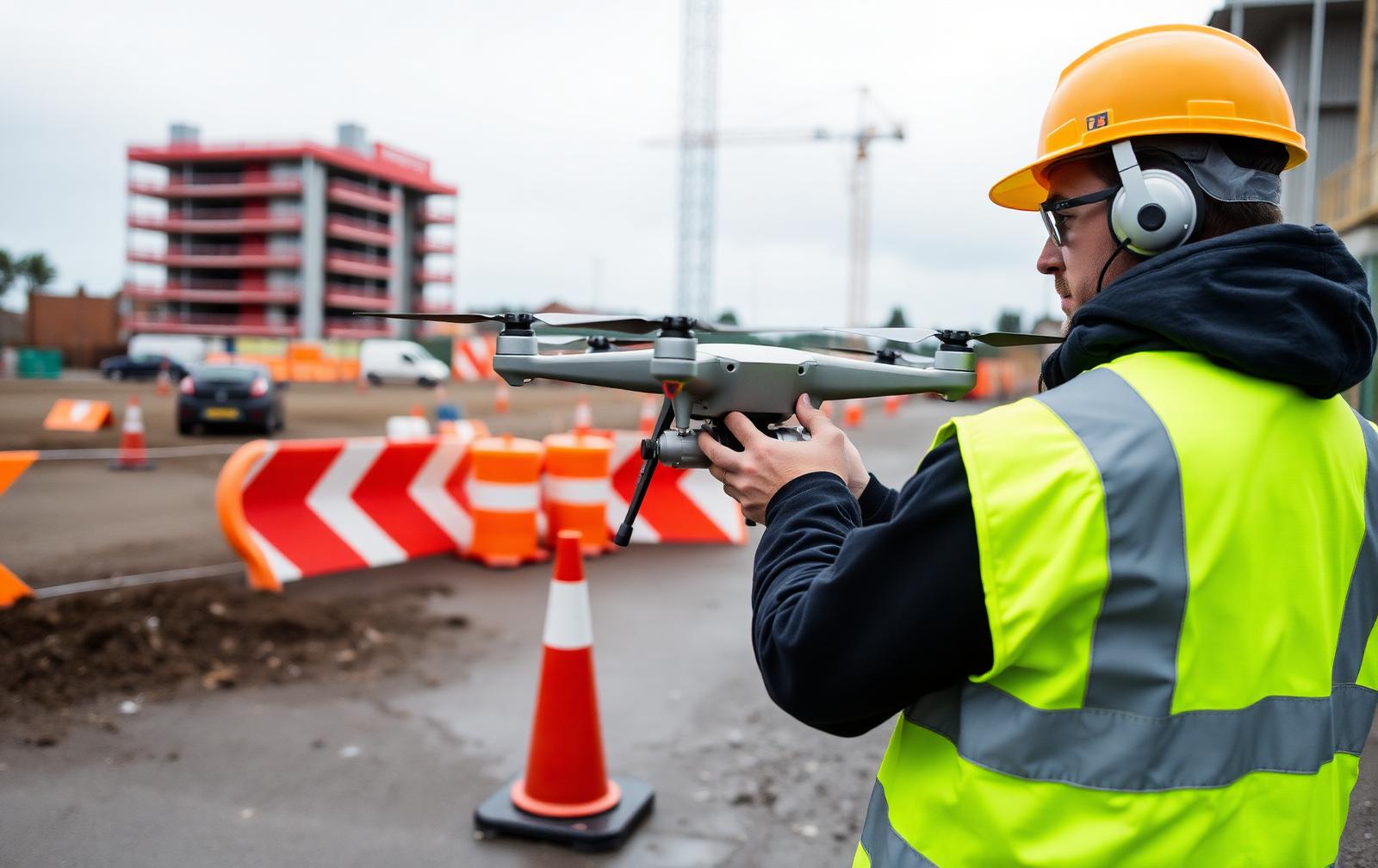 Drone pilot in hi-vis and hard hat completing a pre-flight check beside a construction site