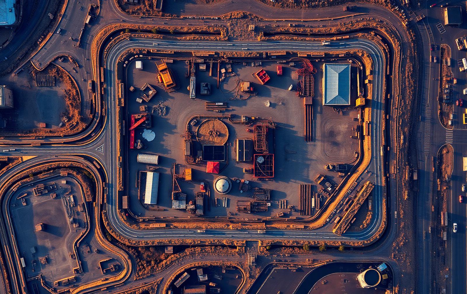 Top-down aerial map of a construction site showing boundary, roads and laydown areas